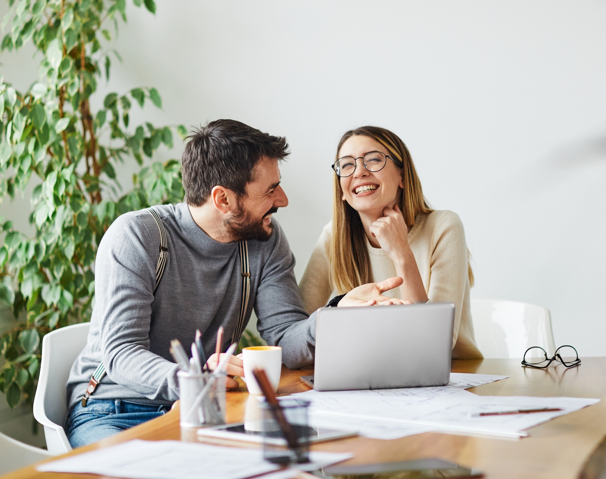 young business people meeting office teamwork happy man woman businessman start up fun couple love